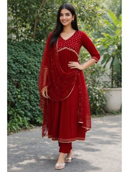 Rajnandini - Women Maroon Poly Silk Embroidered Anarkali Kurta and Pant With Dupatta