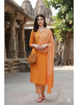 Rajnandini - Women Orange Pure Cambric Cotton Floral Kurta and Pant With Dupatta