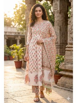 Rajnandini - Women White Pure Cambric Cotton Floral Printed Kurta and Pant With Dupatta