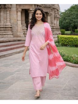 Rajnandini - Women Pink Pure Cambric Cotton Embroidered Kurta and Pant With Dupatta