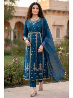 Rajnandini - Women Teal Rayon Slub Embroidered Kurta and Pant With Dupatta