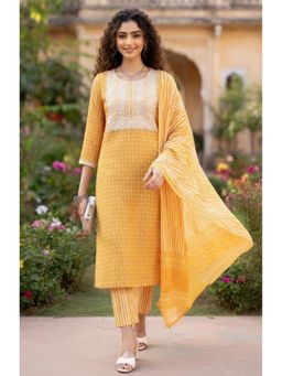Rajnandini - Women Mustard Pure Cotton Embroidered Kurta and Pant With Dupatta