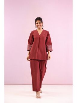 CUSTARD - Maroon Embroidered Cotton-Poplin Co-Ord Set