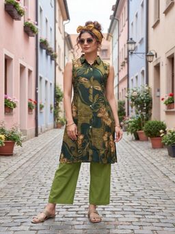 Tansi - Women Green Button-Down Sleeveless Co-Ord Set