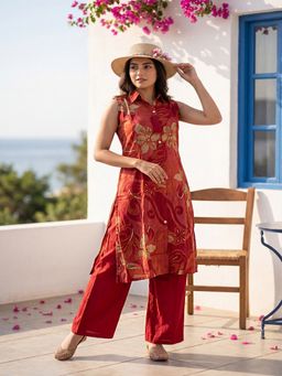 Tansi - Women Red Button-Down Sleeveless Co-Ord Set