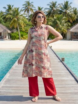 Tansi - Women Red Button-Down Sleeveless Kurta with Pant
