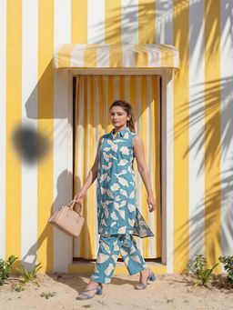 Tansi - Women Teal Button-Down Sleeveless Co-Ord Set