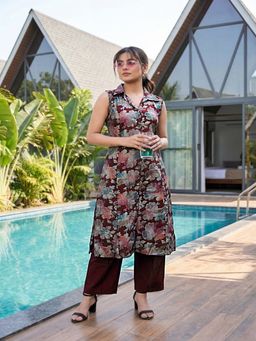 Tansi - Women Maroon Button-Down Sleeveless Co-Ord Set