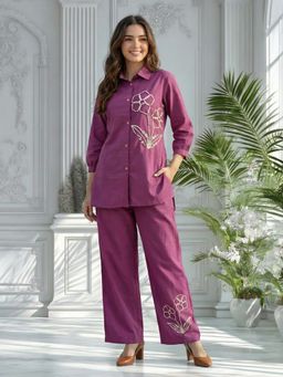 KAFTANIZE - Women Purple Floral Embroidered Co-Ord Set