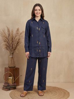 KAFTANIZE - Women Linen Navy Blue Embellished Co-Ord Set