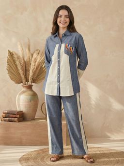 KAFTANIZE - Women Linen Blue Colorblock Co-Ord Set