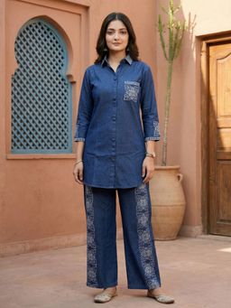 KAFTANIZE - Women Blue Floral Embroidered Co-Ord Set
