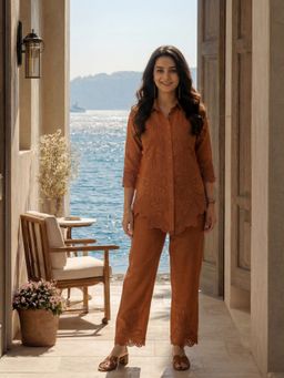 KAFTANIZE - Women Rust Floral Embroidered Co-Ord Set