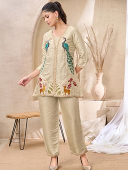 KAFTANIZE - Women Silk Blend Cream Embroidered Co-Ord Set