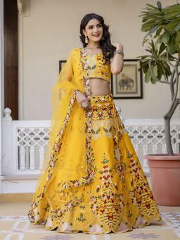Trendmalls - Yellow Satin Thread Work Semi-Stitched Lehenga and Unstitched Blouse with Dupatta