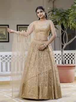 Trendmalls - Women Gold Net Embellished Semi-Stitched Lehenga and Unstitched Blouse with Dupatta