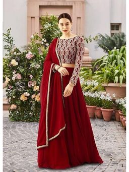 Trendmalls - Maroon Georgette Semi-Stitched Lehenga and Unstitched Blouse with Dupatta