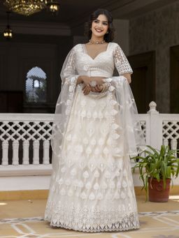 Trendmalls - Women White Net Thread Work Semi-Stitched Lehenga and Unstitched Blouse with Dupatta