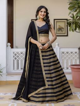 Trendmalls - Women Black Silk Zari Work Semi-Stitched Lehenga and Unstitched Blouse with Dupatta