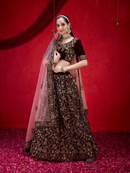 Trendmalls - Maroon Velvet Embellished Semi-Stitched Lehenga and Unstitched Blouse with Dupatta
