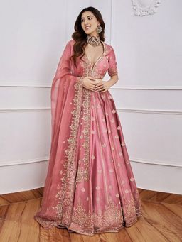 Trendmalls - Pink Satin Embellished Semi-Stitched Lehenga and Unstitched Blouse with Dupatta