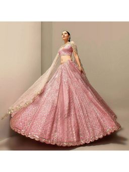 Trendmalls - Pink Satin Embellished Semi-Stitched Lehenga and Unstitched Blouse with Dupatta