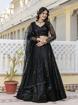 Trendmalls - Women Black Net Embellished Semi-Stitched Lehenga and Unstitched Blouse with Dupatta