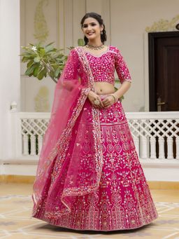 Trendmalls - Pink Satin Embellished Semi-Stitched Lehenga and Unstitched Blouse with Dupatta
