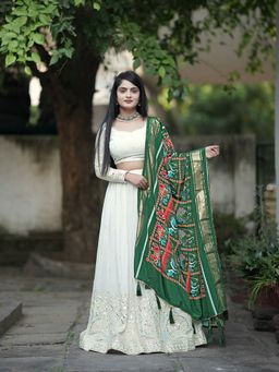 Trendmalls - White Georgette Mirror Work Semi-Stitched Lehenga and Unstitched Blouse with Dupatta