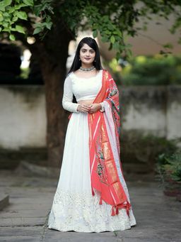Trendmalls - White Georgette Mirror Work Semi-Stitched Lehenga and Unstitched Blouse with Dupatta