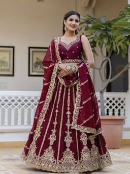 Trendmalls - Maroon Art Silk Embellished Semi-Stitched Lehenga and Unstitched Blouse with Dupatta