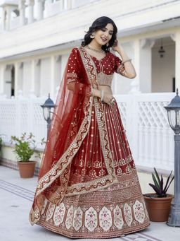 Trendmalls - Maroon Satin Embellished Semi-Stitched Lehenga and Unstitched Blouse with Dupatta