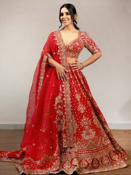 Trendmalls - Women Red Satin Embellished Semi-Stitched Lehenga and Unstitched Blouse with Dupatta