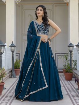 Trendmalls - Teal Georgette Embellished Semi-Stitched Lehenga and Unstitched Blouse with Dupatta