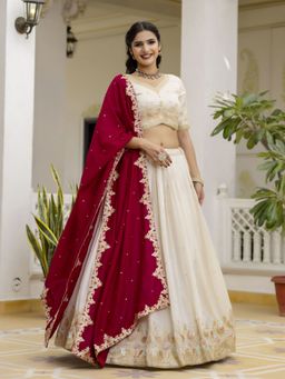 Trendmalls - Off White Art Silk Semi-Stitched Lehenga and Unstitched Blouse with Dupatta