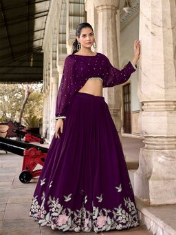 Trendmalls - Women Purple Georgette Embellished Semi-Stitched Lehenga and Unstitched Blouse