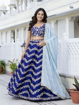Trendmalls - Blue Satin Embellished Semi-Stitched Lehenga and Unstitched Blouse with Dupatta