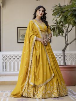 Trendmalls - Yellow Art Silk Embellished Semi-Stitched Lehenga and Unstitched Blouse with Dupatta