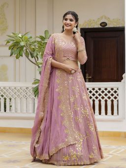 Trendmalls - Pink Georgette Embellished Semi-Stitched Lehenga and Unstitched Blouse with Dupatta