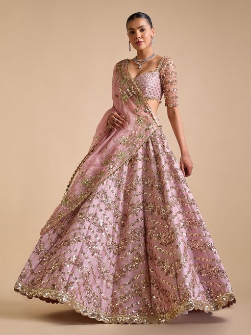 Trendmalls Pink Satin Embellished Semi-Stitched Lehenga and Unstitched Blouse with Dupatta