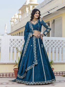 Trendmalls - Teal Art Silk Embellished Semi-Stitched Lehenga and Unstitched Blouse with Dupatta