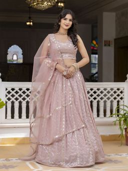 Trendmalls - Pink Georgette Embellished Semi-Stitched Lehenga and Unstitched Blouse with Dupatta