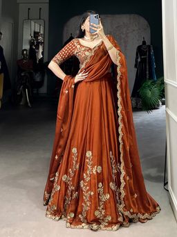 Trendmalls - Orange Art Silk Embellished Semi-Stitched Lehenga and Unstitched Blouse with Dupatta