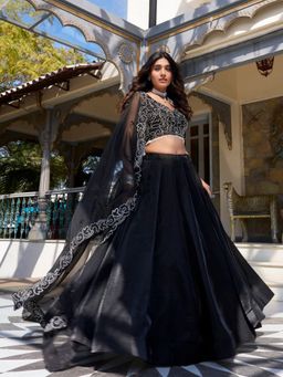 Trendmalls - Black Tessar Silk Semi-Stitched Lehenga and Unstitched Blouse with Dupatta