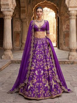 Trendmalls - Purple Art Silk Embellished Semi-Stitched Lehenga and Unstitched Blouse with Dupatta