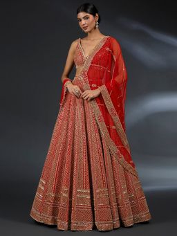 Trendmalls - Women Red Satin Embellished Semi-Stitched Lehenga and Unstitched Blouse with Dupatta