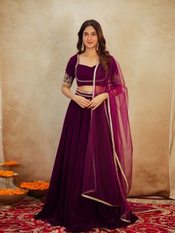 Trendmalls - Purple Velvet Embellished Semi-Stitched Lehenga and Unstitched Blouse with Dupatta