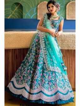 Trendmalls - Turquoise Satin Embellished Semi-Stitched Lehenga and Unstitched Blouse with Dupatta