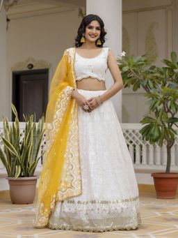 Trendmalls - White Georgette Thread Work Semi-Stitched Lehenga and Unstitched Blouse with Dupatta