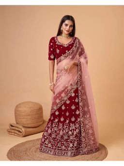 Trendmalls - Maroon Velvet Embellished Semi-Stitched Lehenga and Unstitched Blouse with Dupatta